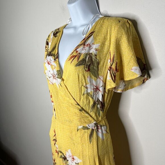 Lulus Wrap Dress Womens XS Floral Maxi Yellow Tropical Print Slit Short Sleeve - Picture 11 of 11